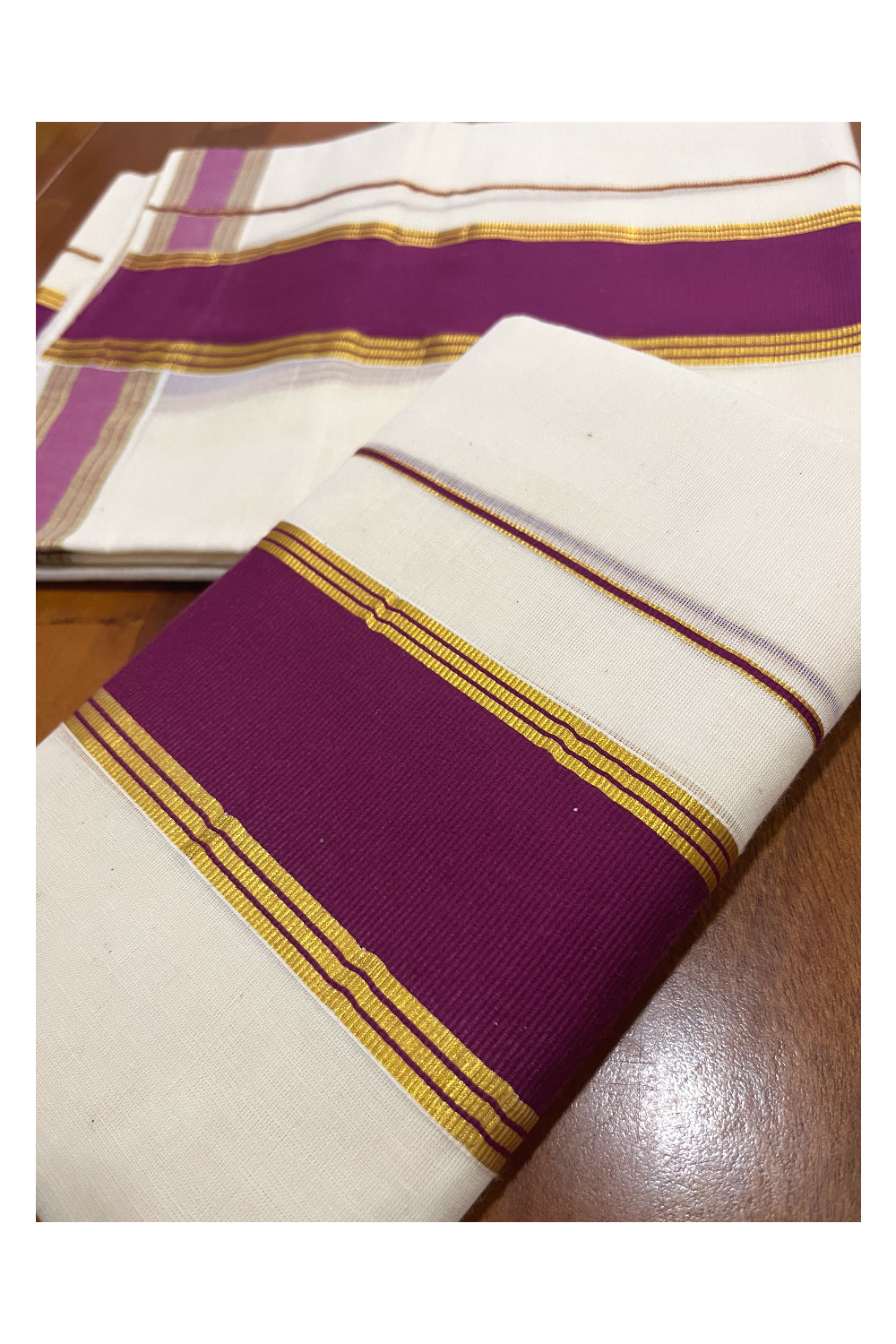 Kerala Cotton Single Set Mundu (Mundum Neriyathum) with Purple and Kasavu Border 2.80 Mtrs