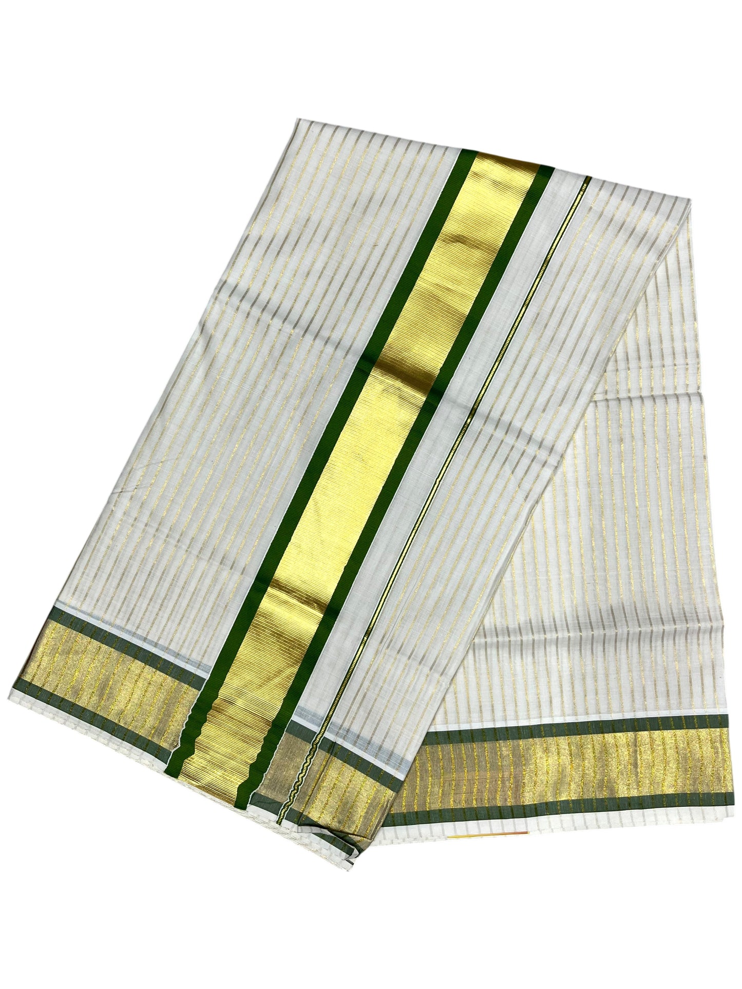 Southloom Pure Cotton Kerala Saree with Gold Kasavu Lines Across Body and Olive Green Border
