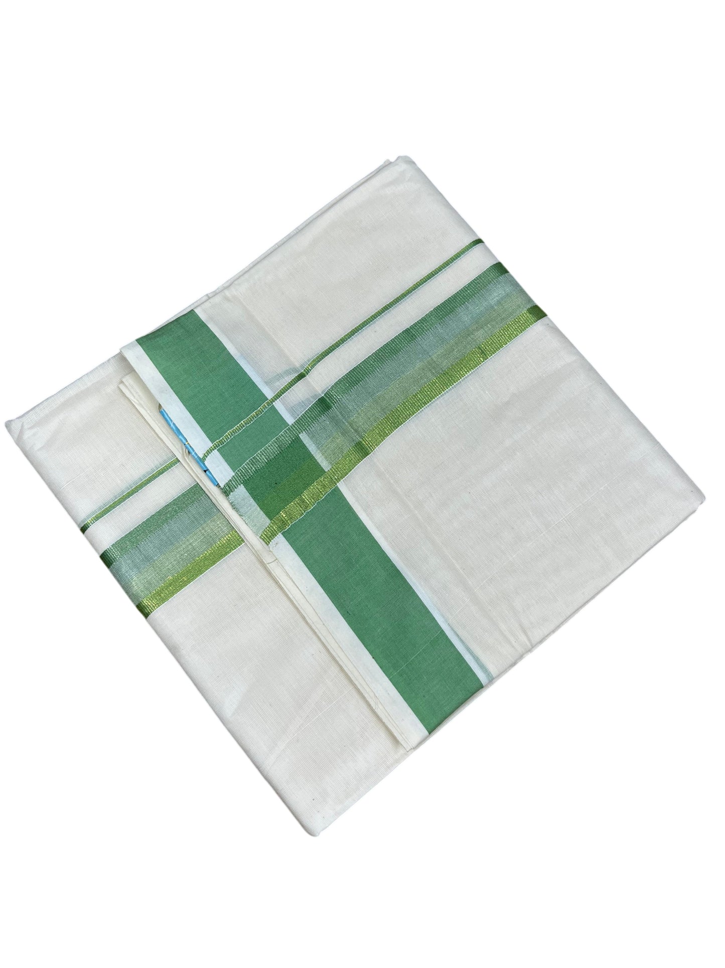 Southloom Kerala Pure Cotton Double Mundu with Green Border (South Indian Dhoti)
