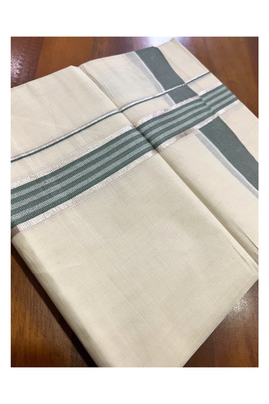 Kerala Pure Cotton Double Mundu with Silver Kasavu and Greenish Grey Border (Vishu 2024 Collection)