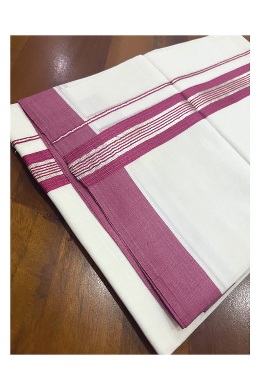 Pure White Cotton Double Mundu with Maroon and Silver Kasavu Border (South Indian Kerala Dhoti)