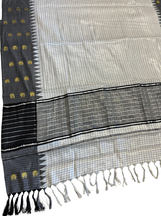 Southloom Pure Cotton Black & Silver Kasavu Saree with Check Design & Temple Border with Woven Golden Work