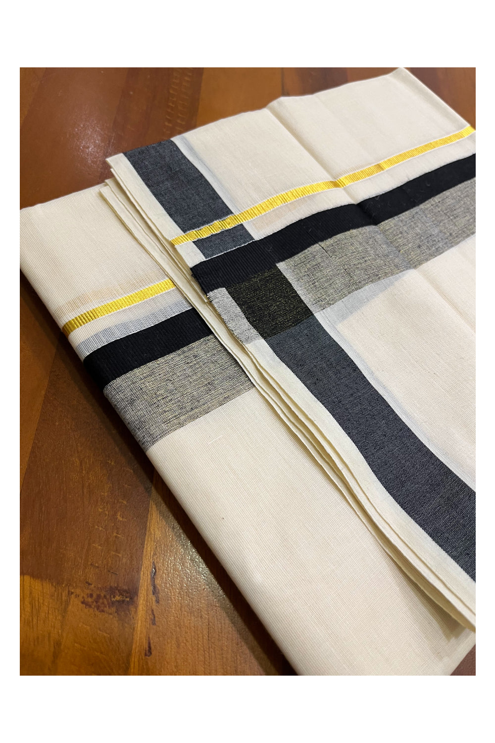 Kerala Pure Cotton Double Mundu with Black and Kasavu Border (South Indian Kerala Dhoti)