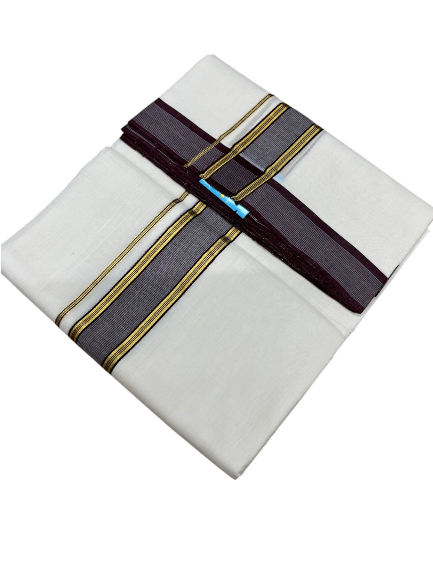Southloom Balaramapuram Unakkupaavu Premium Handloom Cotton Double Mundu with Gold Kasavu and Brown Border