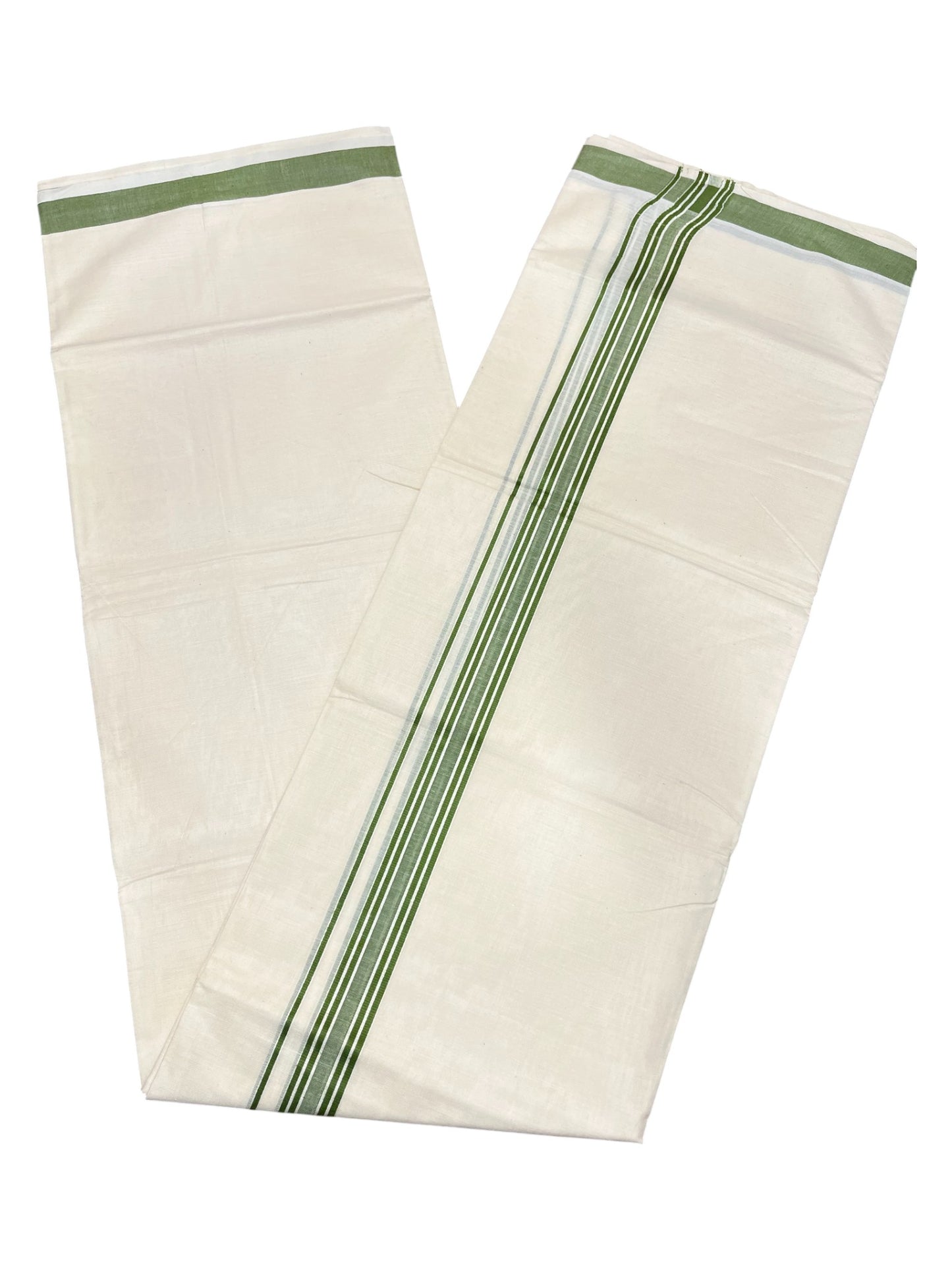 Southloom Pure Cotton Double Mundu With White Lines &Green Border (South Indian Kerala Dhoti)