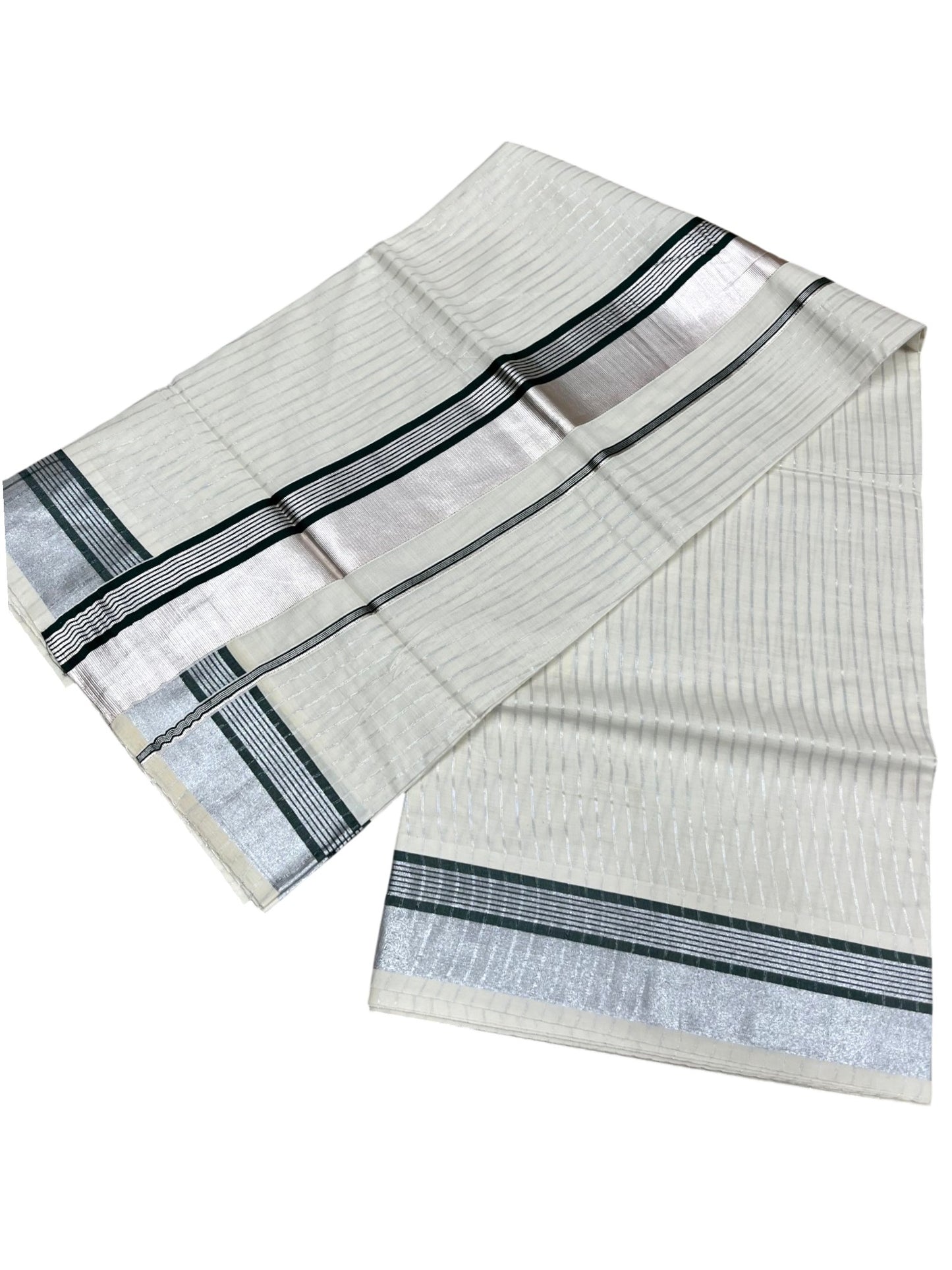Southloom Pure Cotton Kerala Silver Kasavu Lines Saree with Green and Silver Border