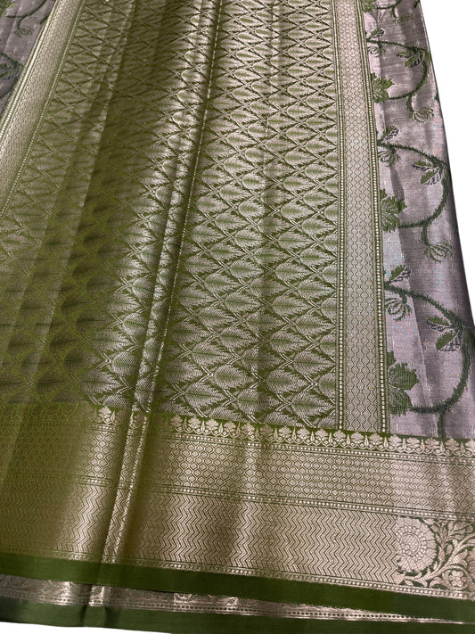 Southloom Tissue Silk Saree with Woven Work on Body and Borders (Grey & Green)
