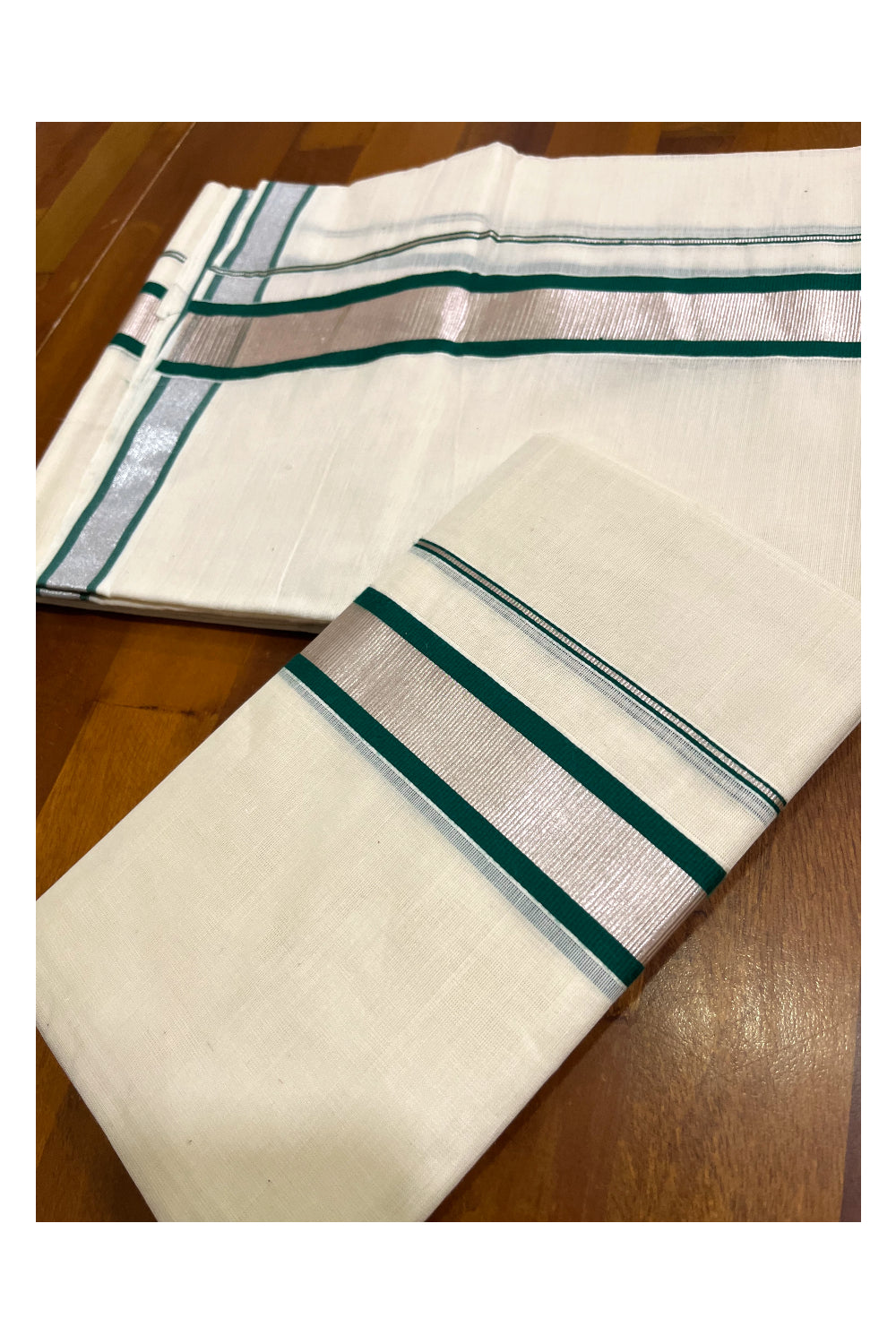 Cotton Set Mundu (Mundum Neriyathum) with Green and Silver Kasavu Border 2.80 Mtrs