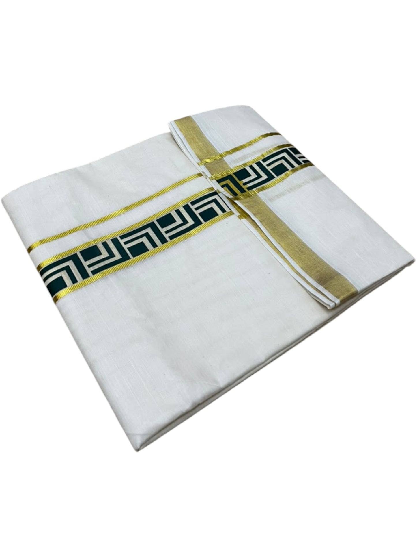Southloom Pure Cotton Double Mundu with Green Block Printed And Ksavu Border (South Indian Kerala Dhoti)