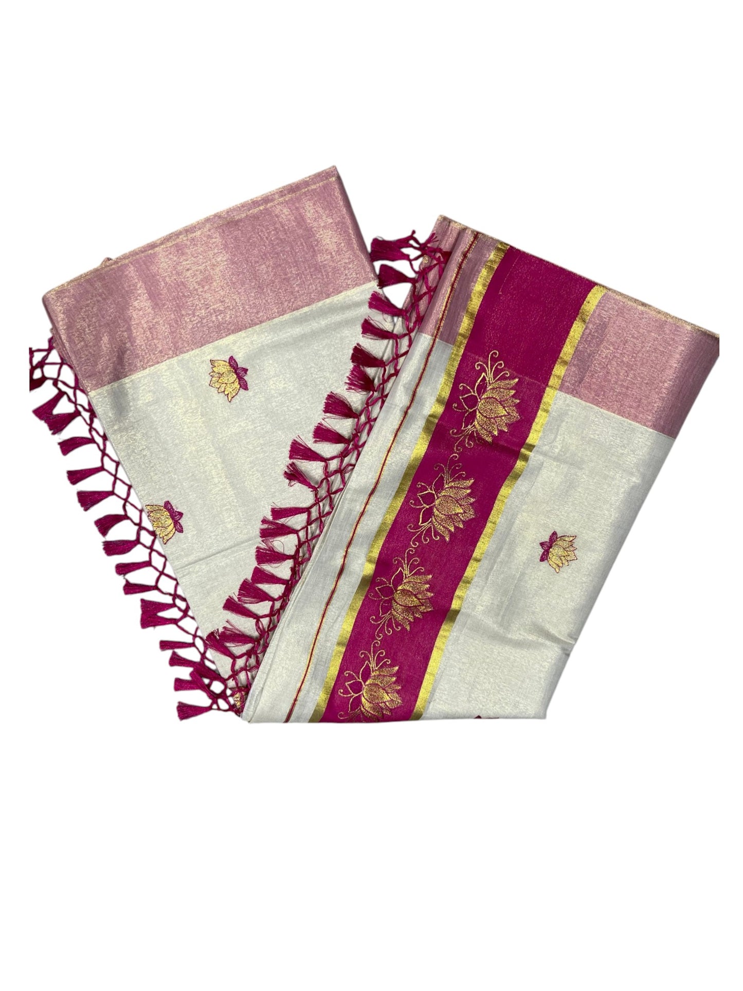 Southloom Kerala Tissue Kasavu Saree with Magenta And Golden Lotus Embroidary Works on Body