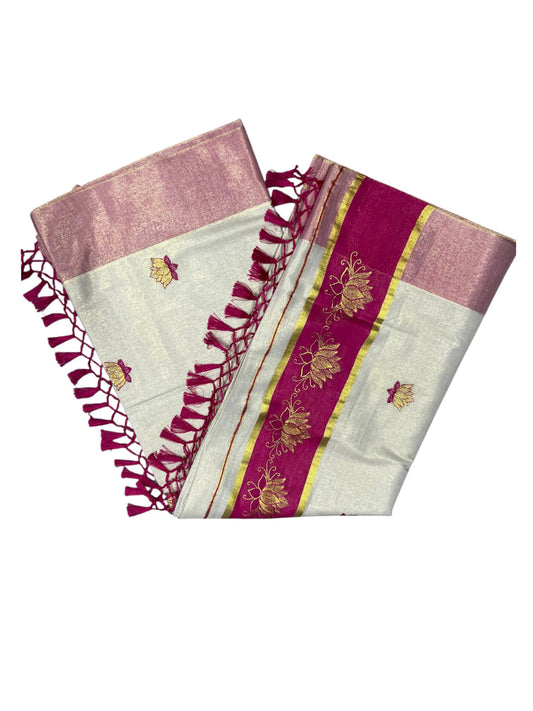 Southloom Kerala Tissue Kasavu Saree with Magenta And Golden Lotus Embroidary Works on Body