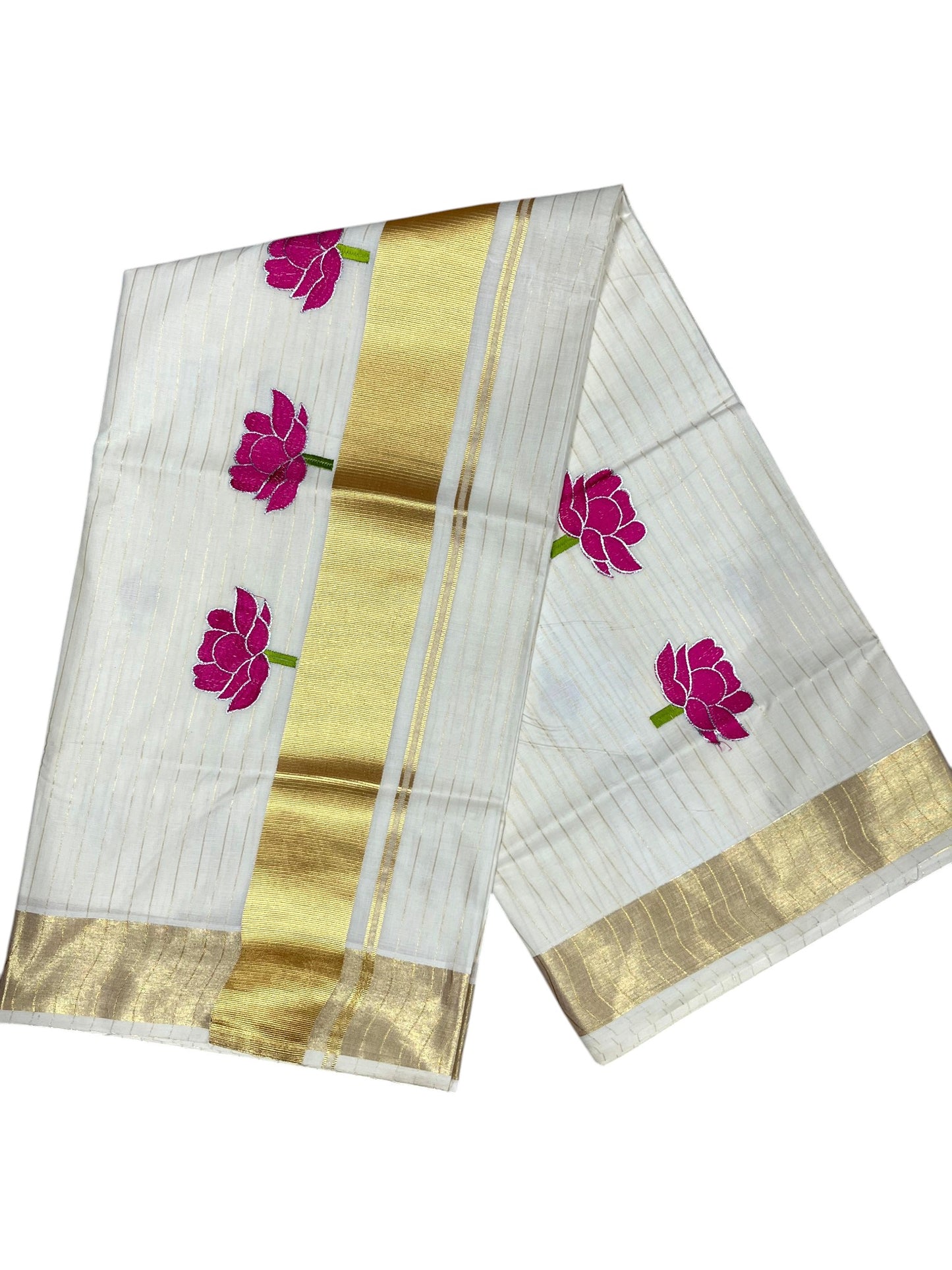 Southloom Kerala Cotton Kasavu Saree with Pink Lotus Embroidery Design