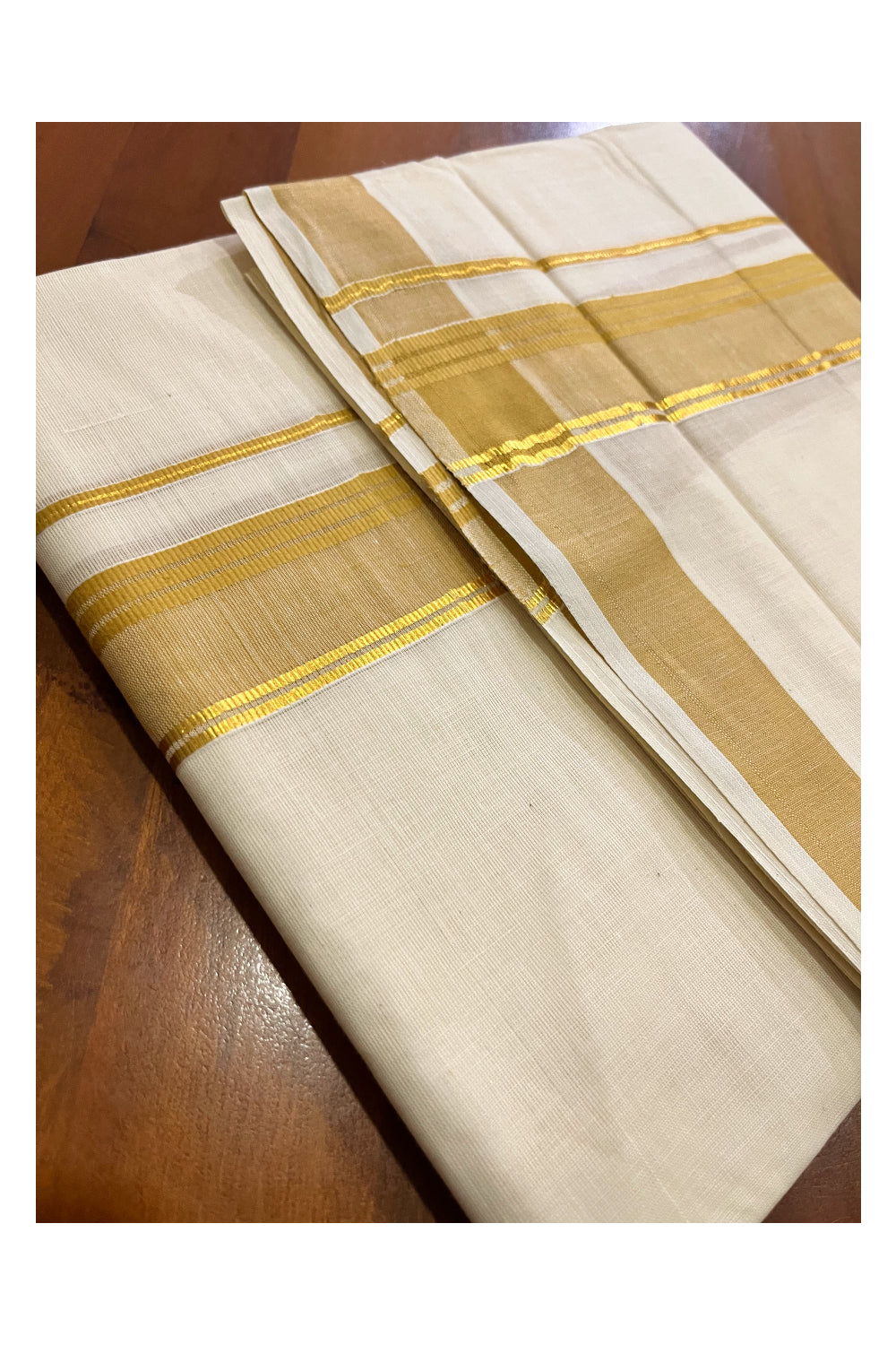 Off White Kerala Cotton Double Mundu with Kasavu and Light Orange Border (South Indian Kerala Dhoti)