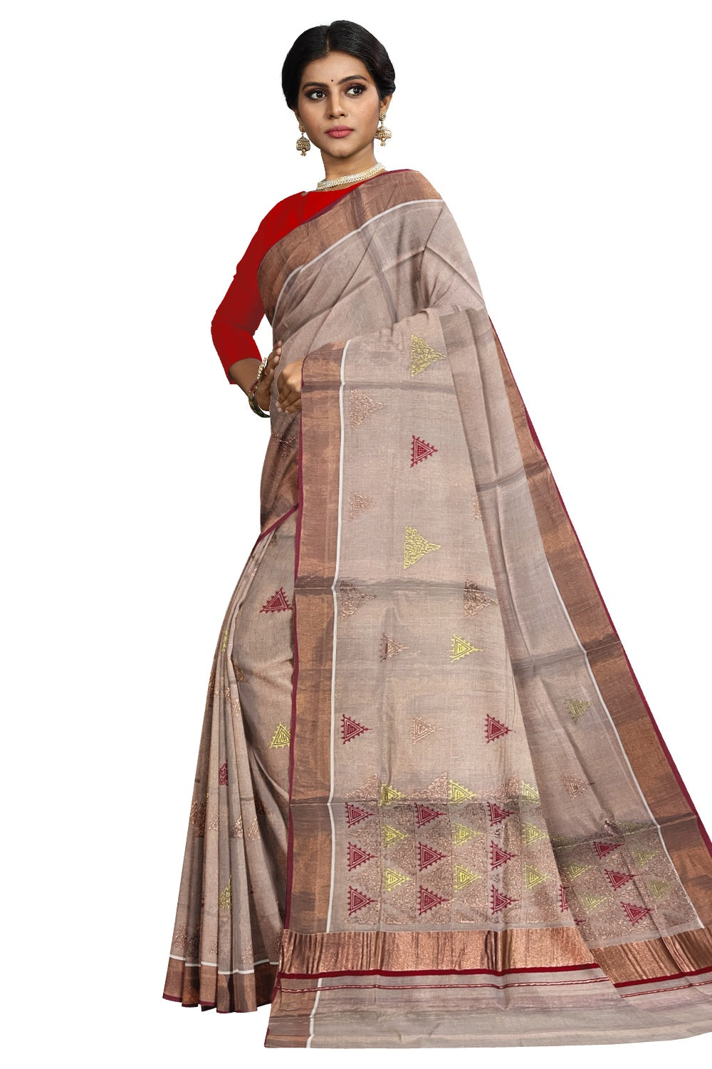 Southloom Copper Tissue Kasavu Saree with Embroidery Design and Red Tassels Works on Pallu