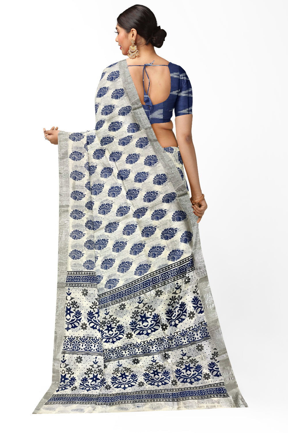 Southloom Linen White Saree with Blue Designer Prints and Tassels works on Pallu