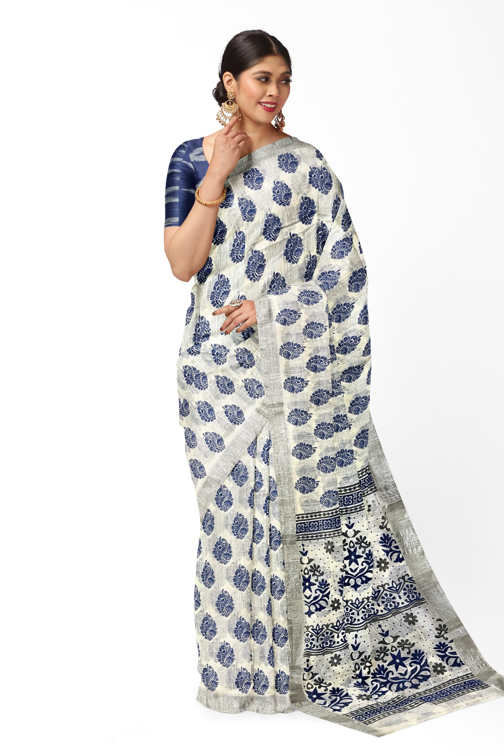 Southloom Linen White Saree with Blue Designer Prints and Tassels works on Pallu