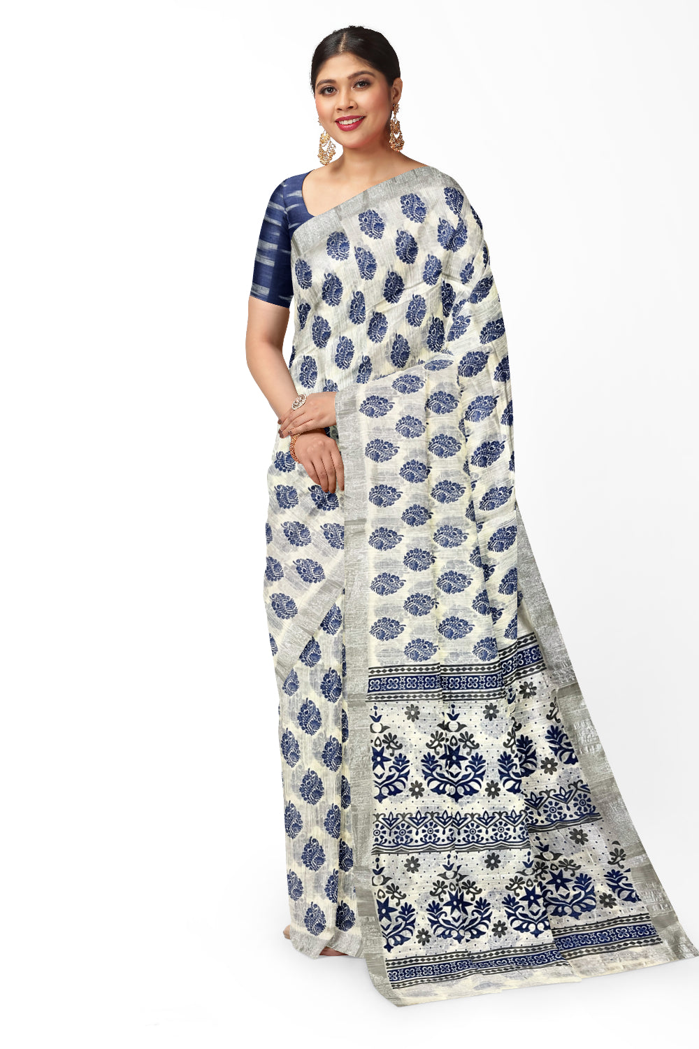 Southloom Linen White Saree with Blue Designer Prints and Tassels works on Pallu