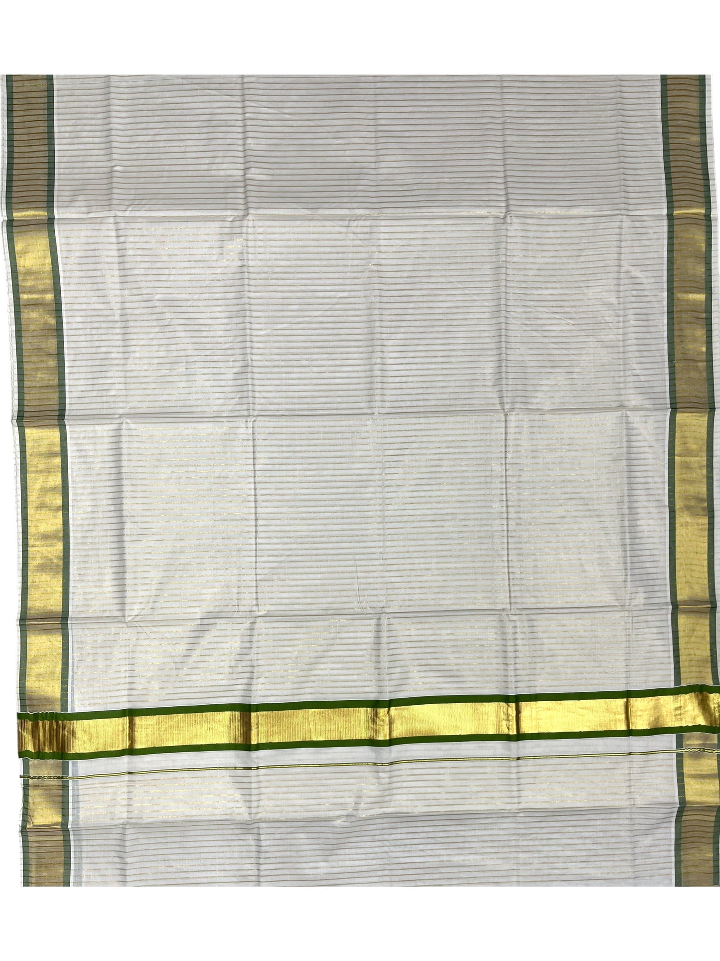 Southloom Pure Cotton Kerala Saree with Gold Kasavu Lines Across Body and Olive Green Border