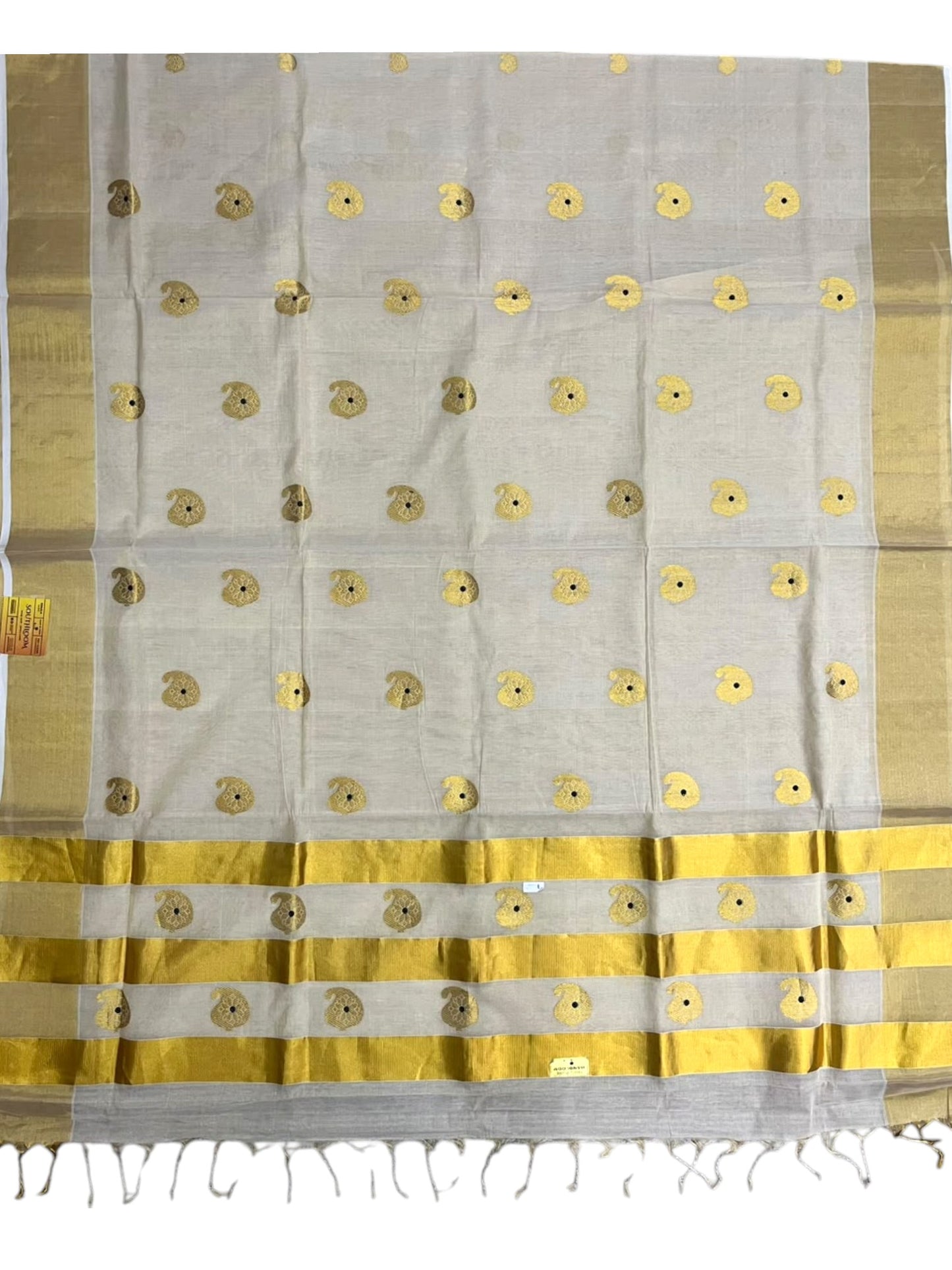 Southloom Super Premium Balaramapuram Handloom Tissue Saree with Butta Design and Gold Kasavu Border
