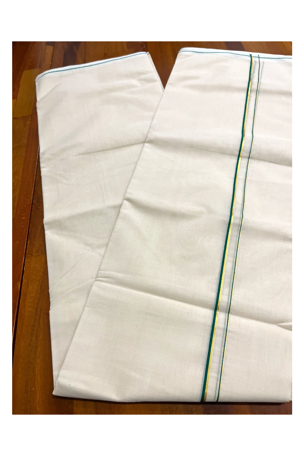 Premium Balaramapuram Handloom Unakkupaavu Cotton Double Mundu with Green and Kasavu Thin Border (Vishu 2024 Collection)