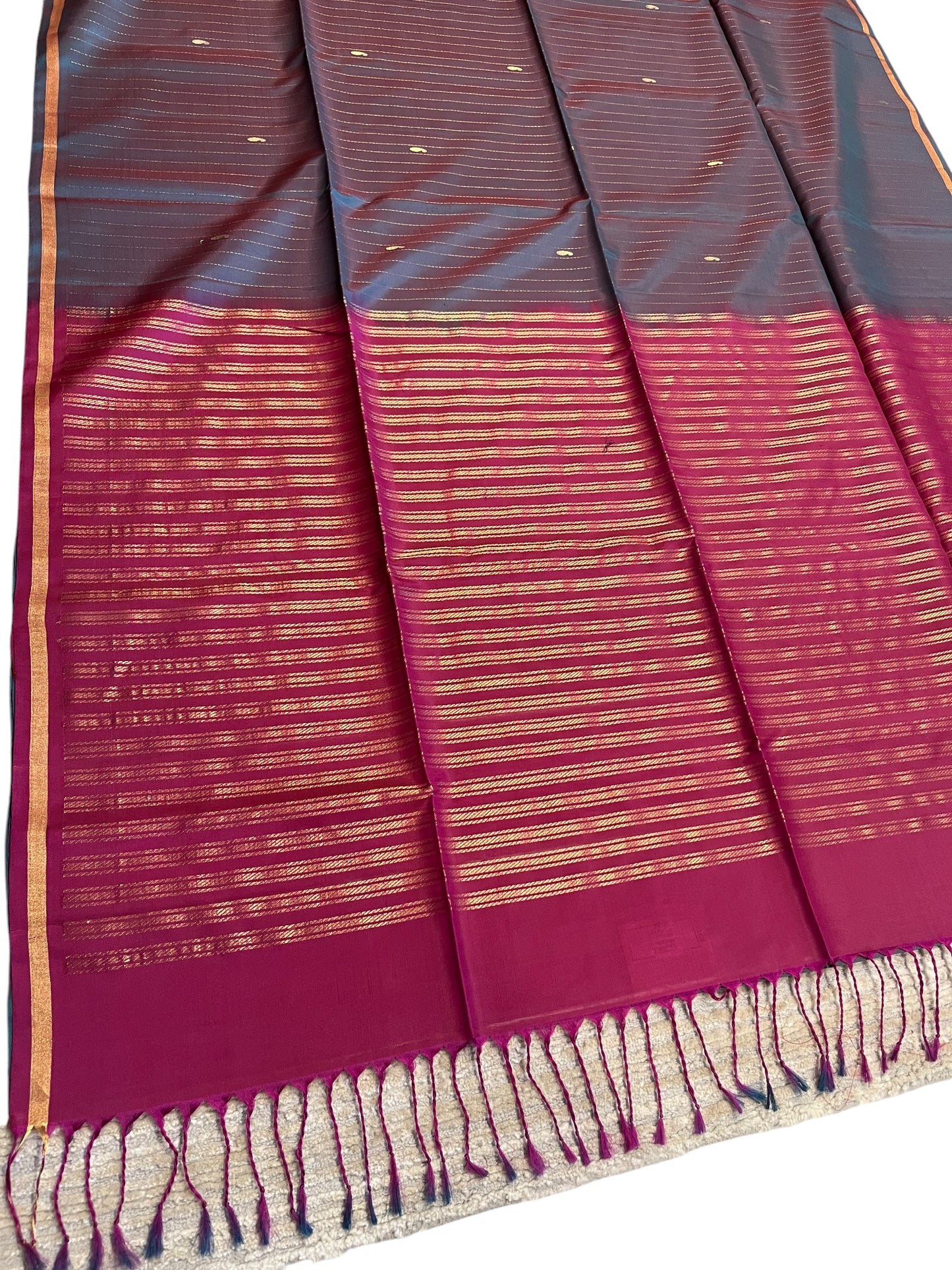 Southloom Pure Handloom Kanchipuram Silk Saree with Korvai Work (Magenta & Grey)