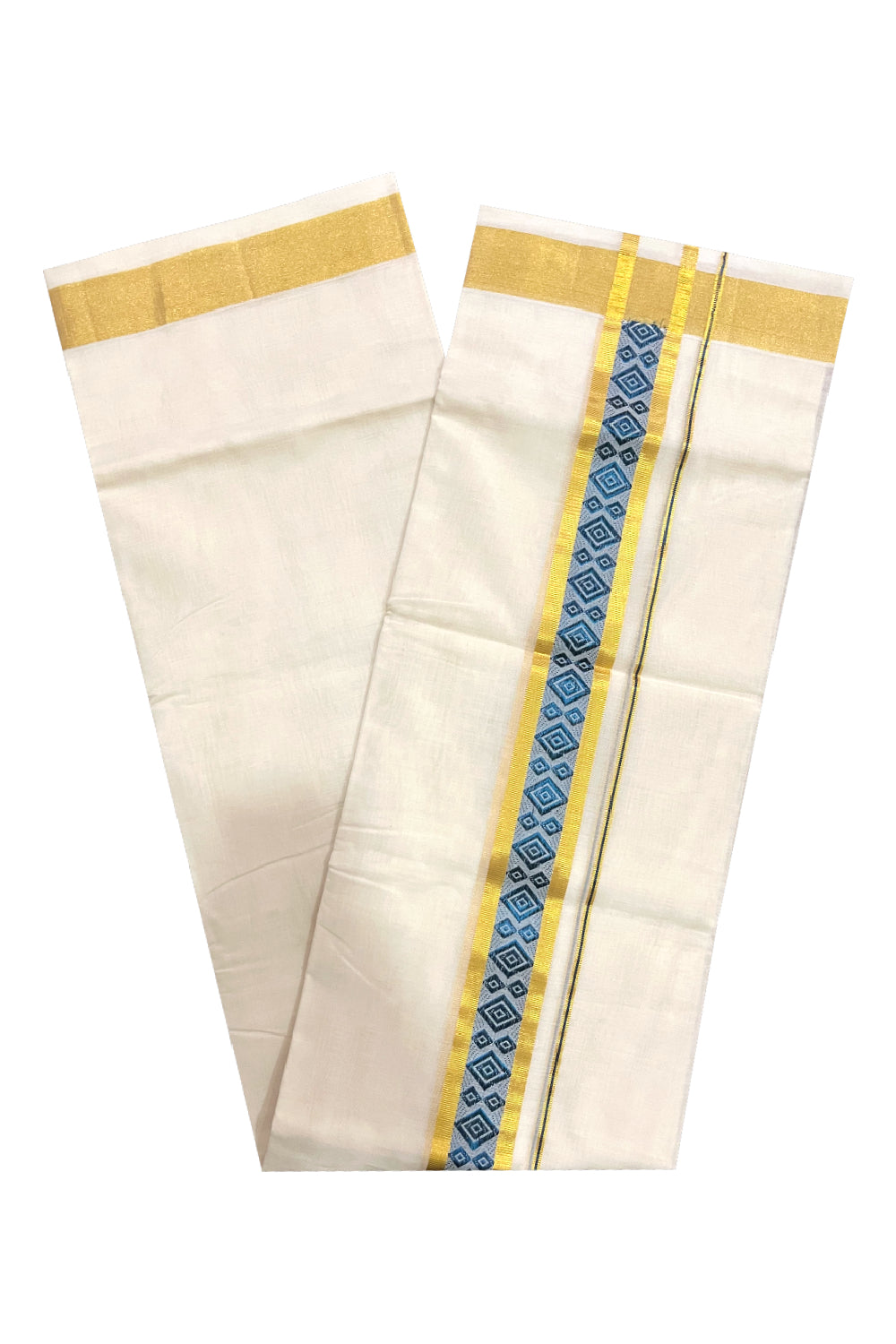 Southloom Premium Handloom Pure Cotton Mundu with Golden and Blue Kasavu Woven Border (Onam Mundu 2023)