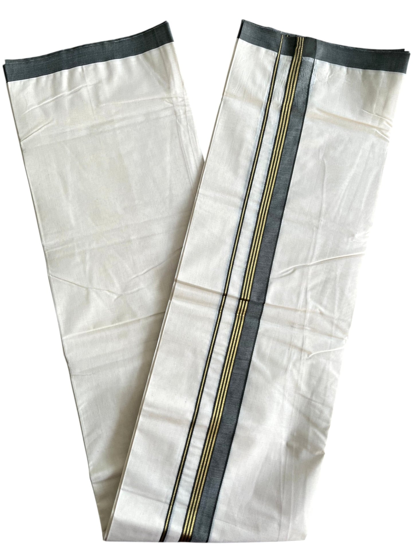 Southloom Pure Cotton Mundu with Golden Lines and Gray Border (South Indian Kerala Dhoti)