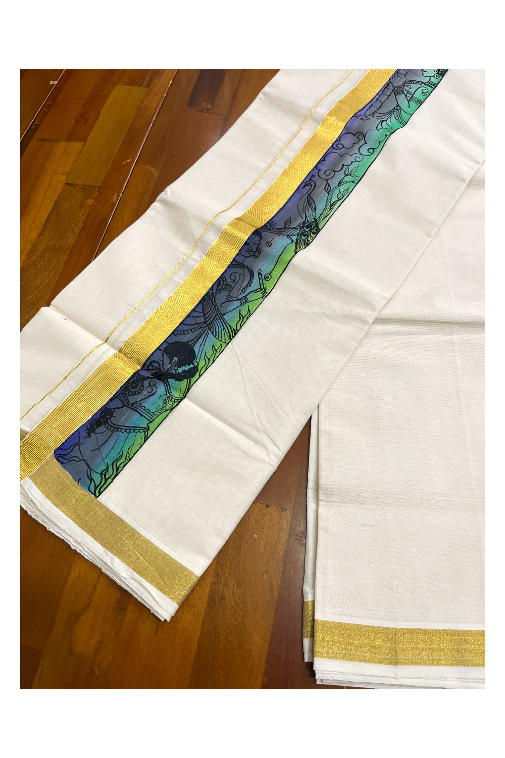 Kerala Pure Cotton Double Mundu with Mural Hand Painted Design on Kasavu Border (South Indian Kerala Dhoti)