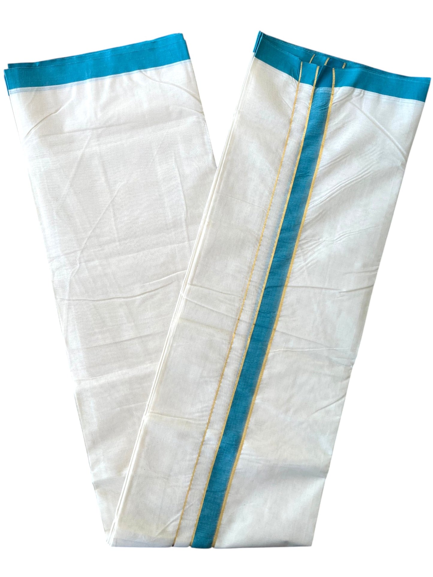Southloom Pure Cotton Mundu with Golden Lines and Blue Border (South Indian Kerala Dhoti)