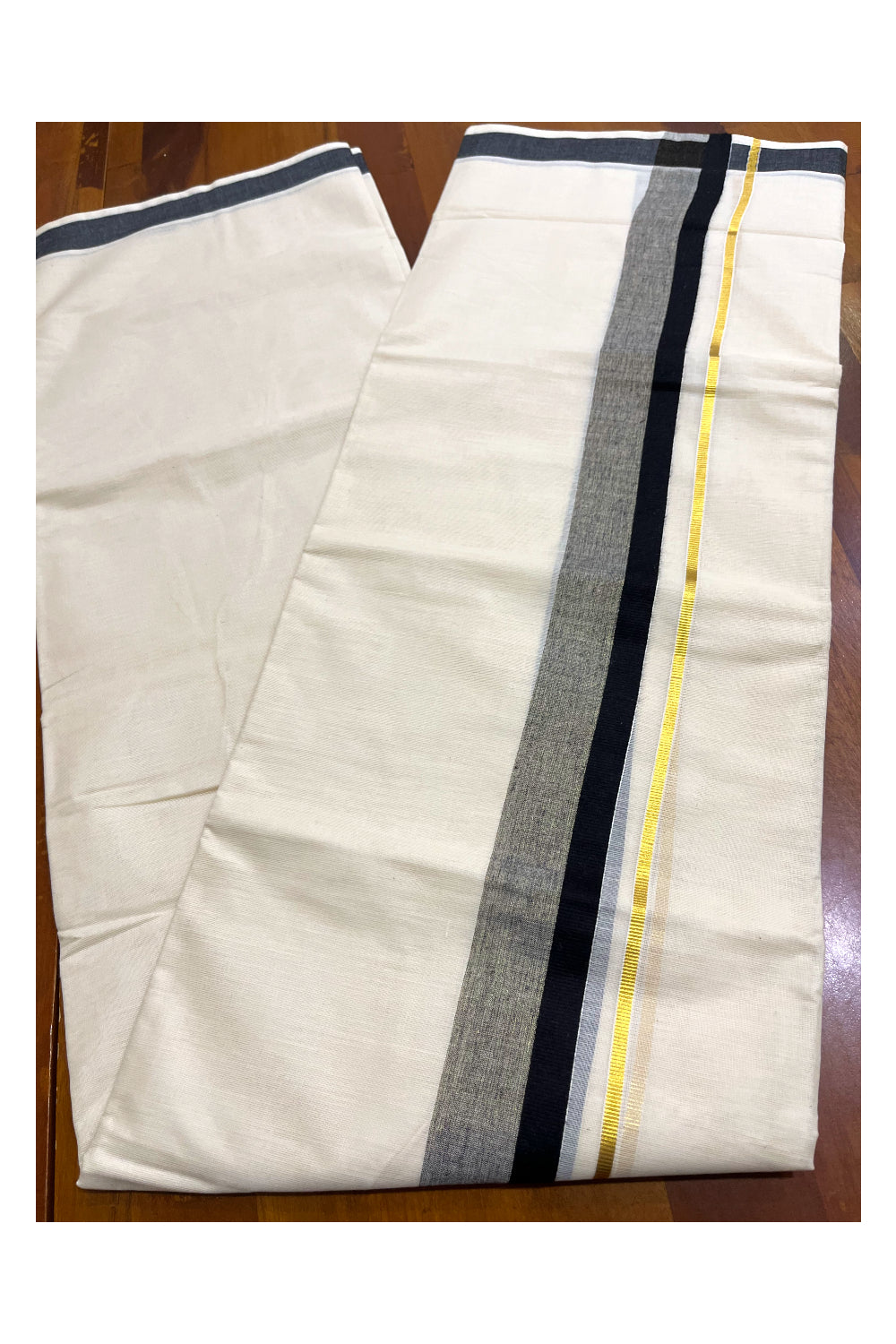 Kerala Pure Cotton Double Mundu with Black and Kasavu Border (South Indian Kerala Dhoti)