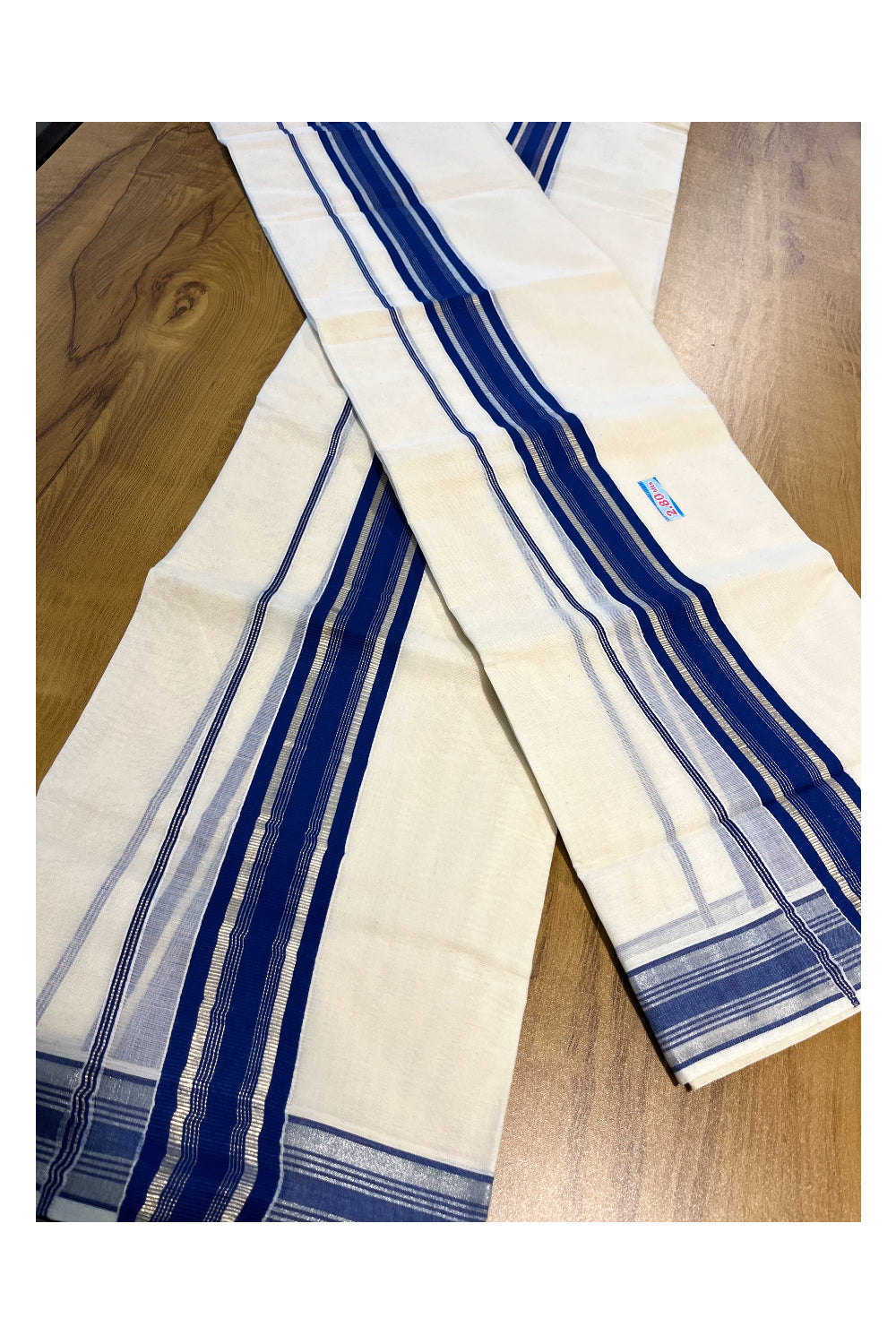 Kerala Cotton Mundum Neriyathum Single (Set Mundu) with Blue and Silver Kasavu Border 2.80 Mtrs