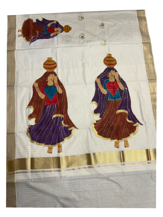 Southloom  Kerala Cotton Kasavu Line Saree with Hand Painted &Embroidery Design