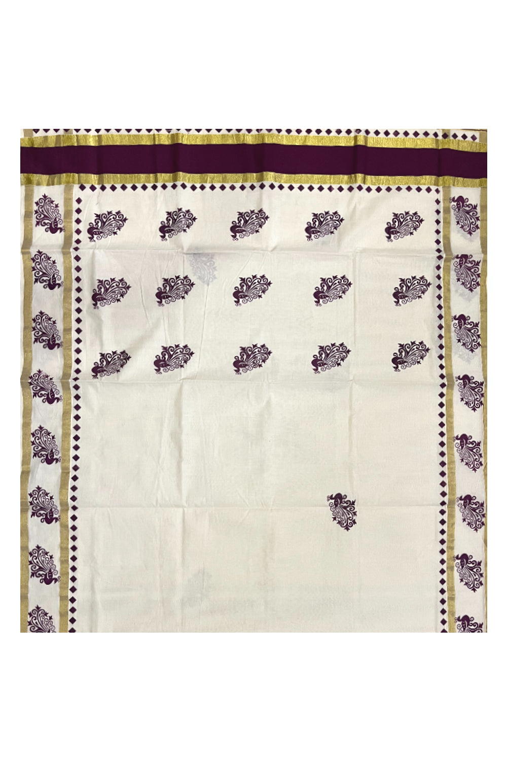 Pure Cotton Kerala Saree with Purple Peacock Block Printed Kasavu Border