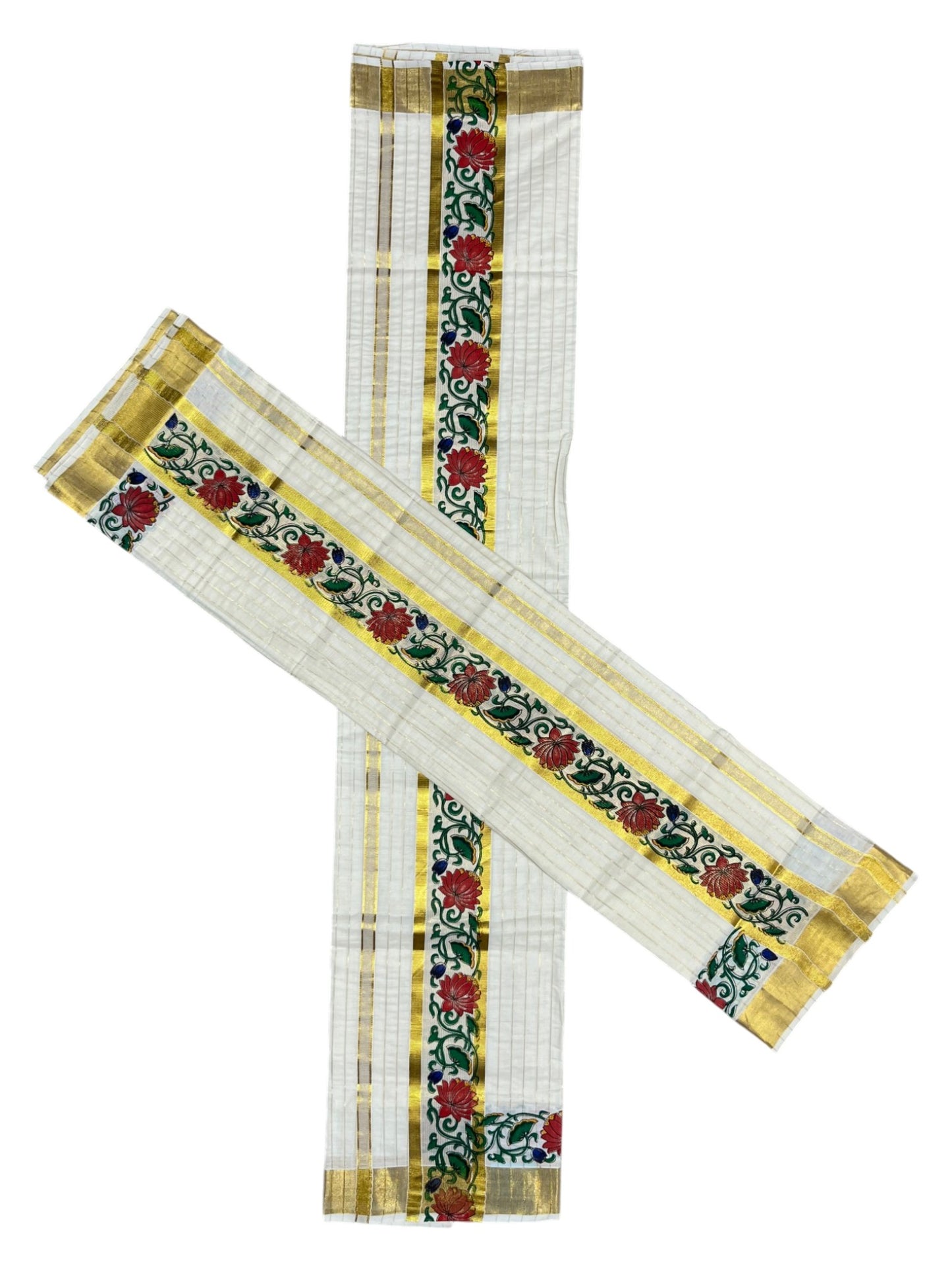 Southloom Cotton Lines Single Set Mundu (Mundu Neriyathum) With Red Floral Print And Gold Border Kasavu in 2.80 Mtrs