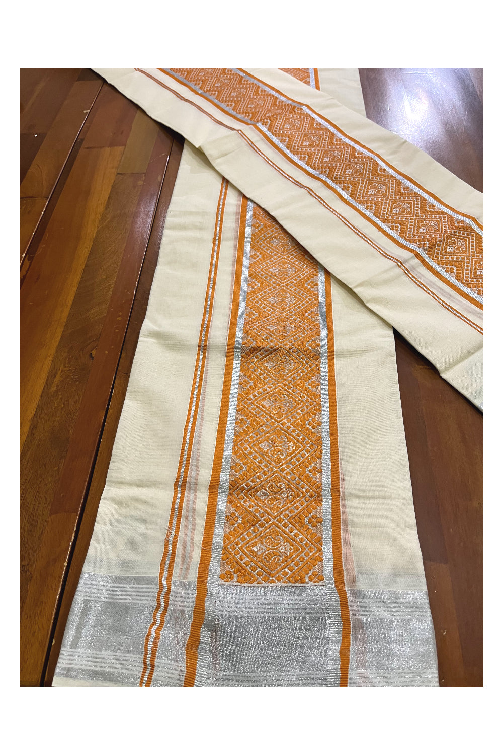 Kerala Cotton Mundum Neriyathum Single (Set Mundu) with Orange Woven Designs and Silver Kasavu Border 2.80 Mtrs