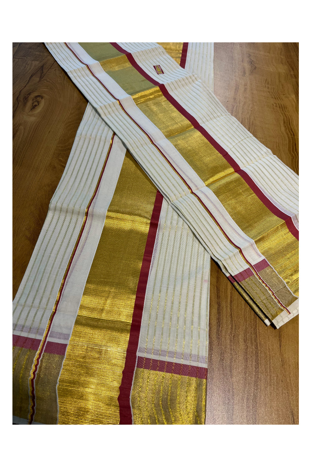 Kerala Cotton Set Mundu (Mundum Neriyathum) with Kasavu Lines on Body and Brick Red Border 2.80 Mtrs