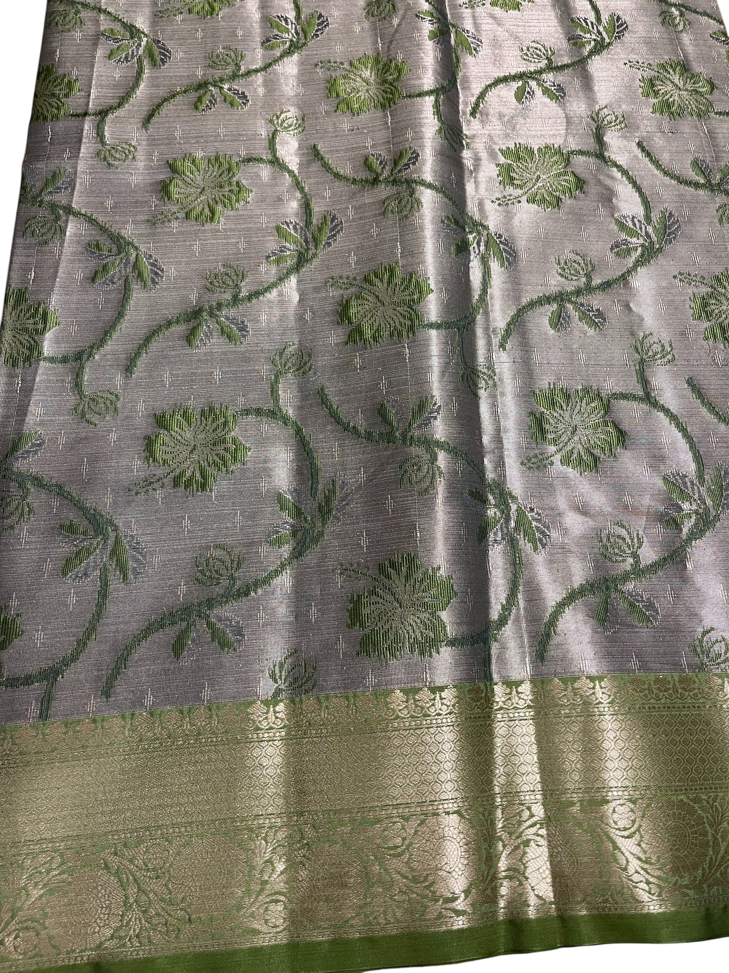 Southloom Tissue Silk Saree with Woven Work on Body and Borders (Grey & Green)
