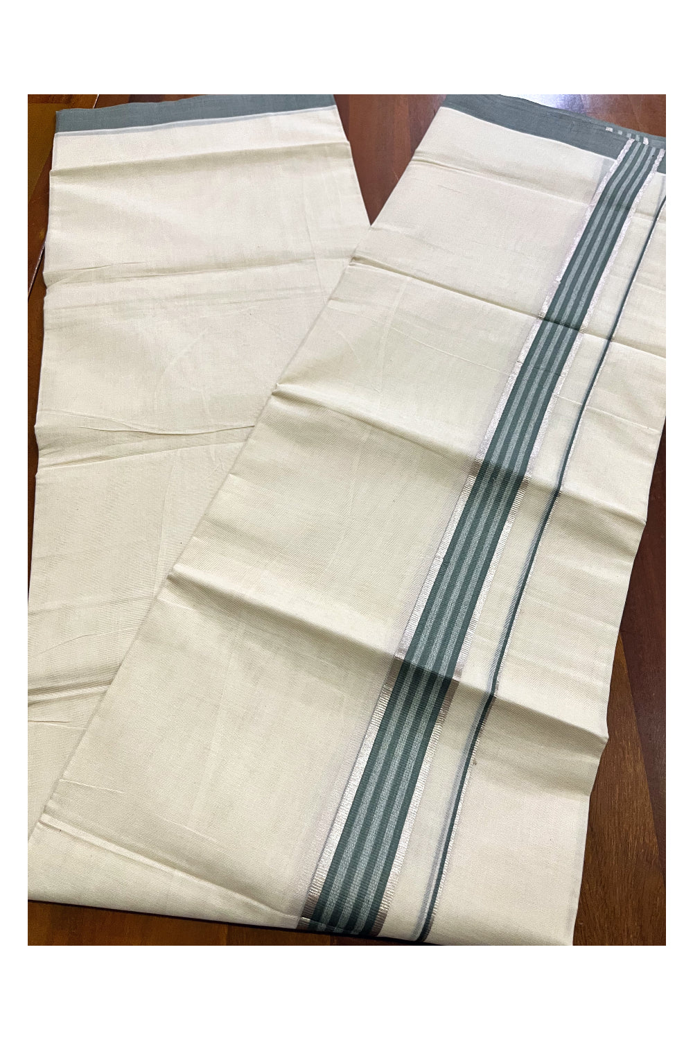 Kerala Pure Cotton Double Mundu with Silver Kasavu and Greenish Grey Border (Vishu 2024 Collection)