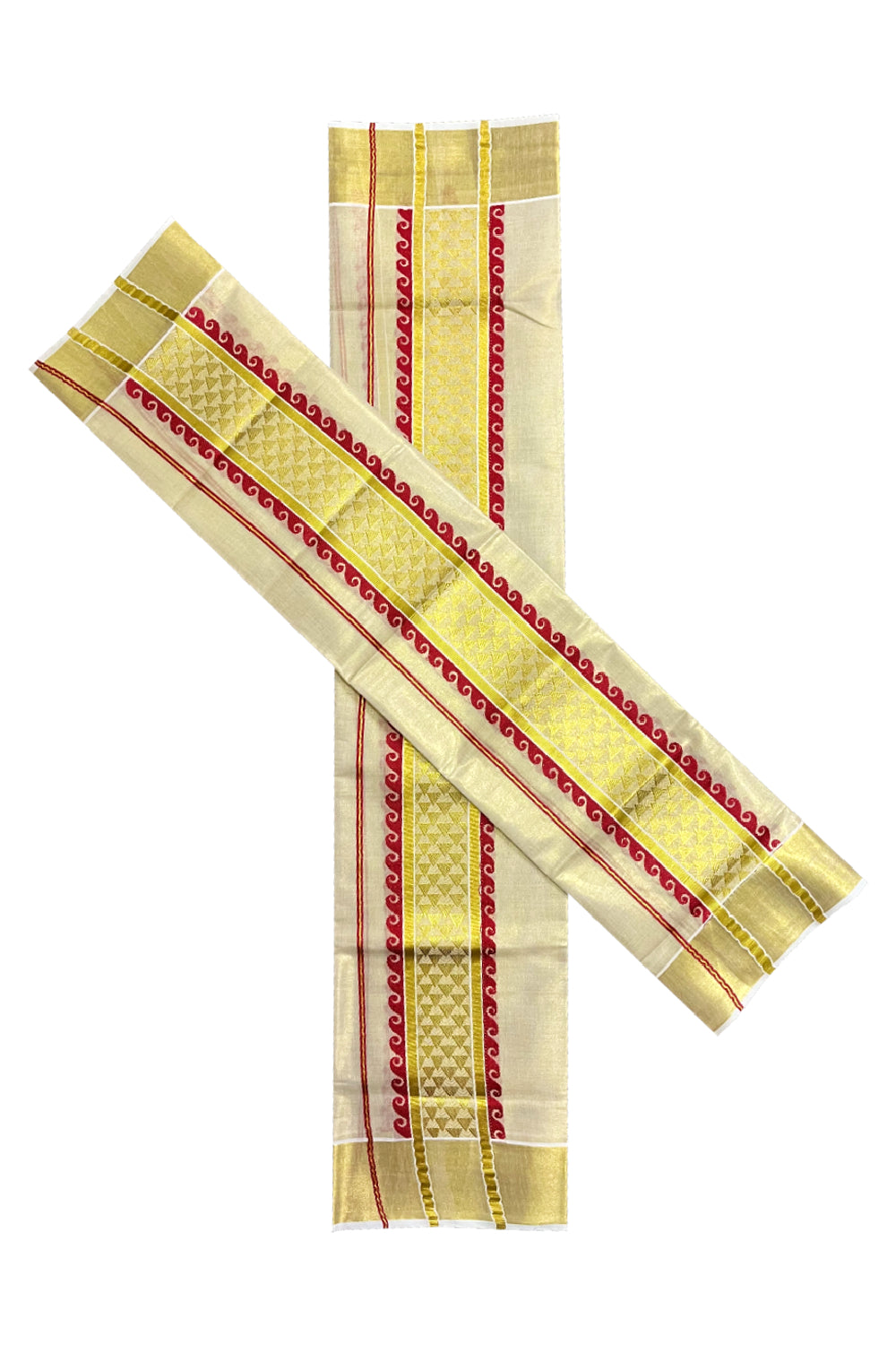 Kerala Tissue Single Set Mundu (Mundum Neriyathum) with Red and Kasavu Woven Border 2.80 Mtrs (Onam 2024 Collection)