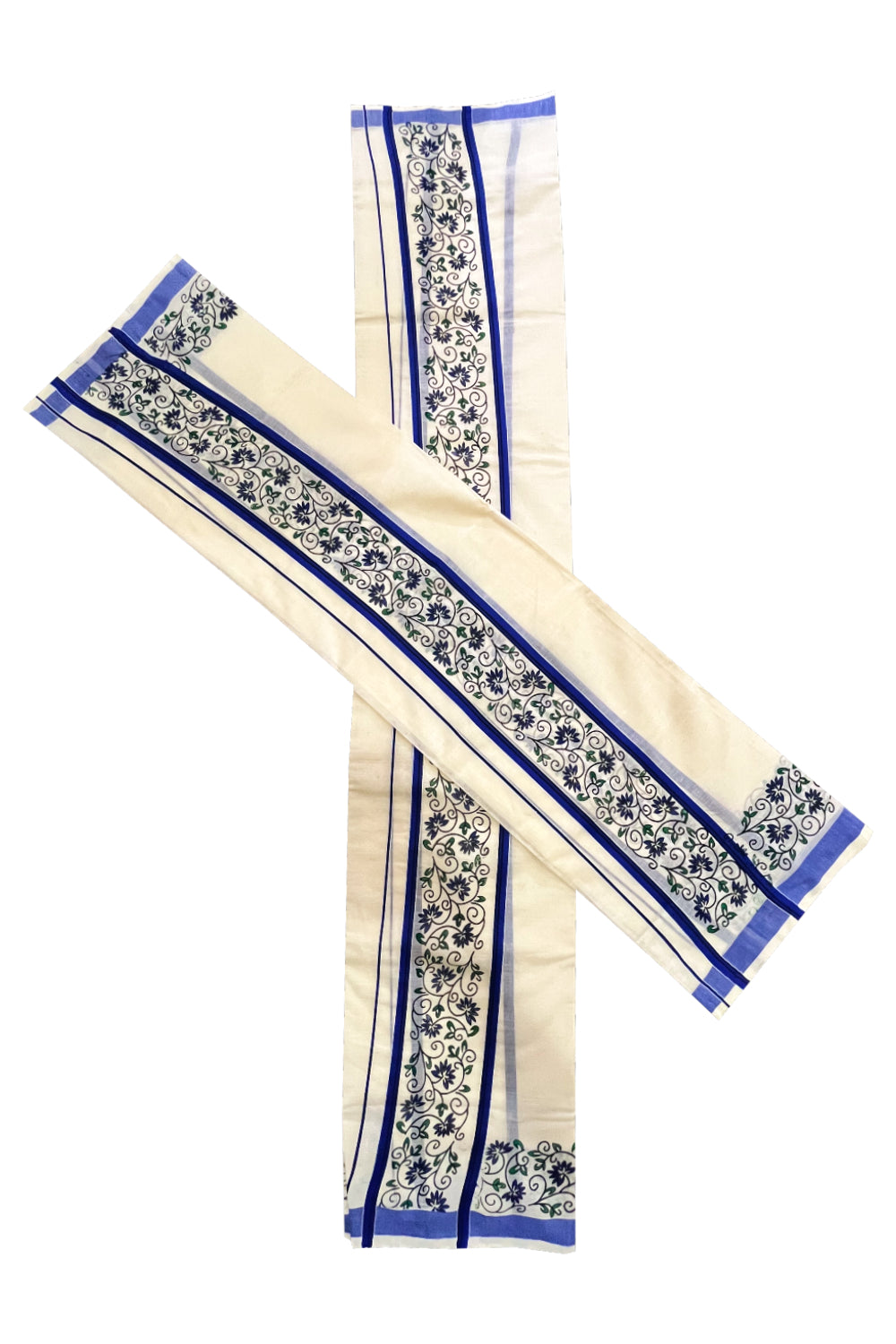 Kerala Cotton Set Mundu Single (Mundum Neriyathum) with Blue Floral Block Printed Border