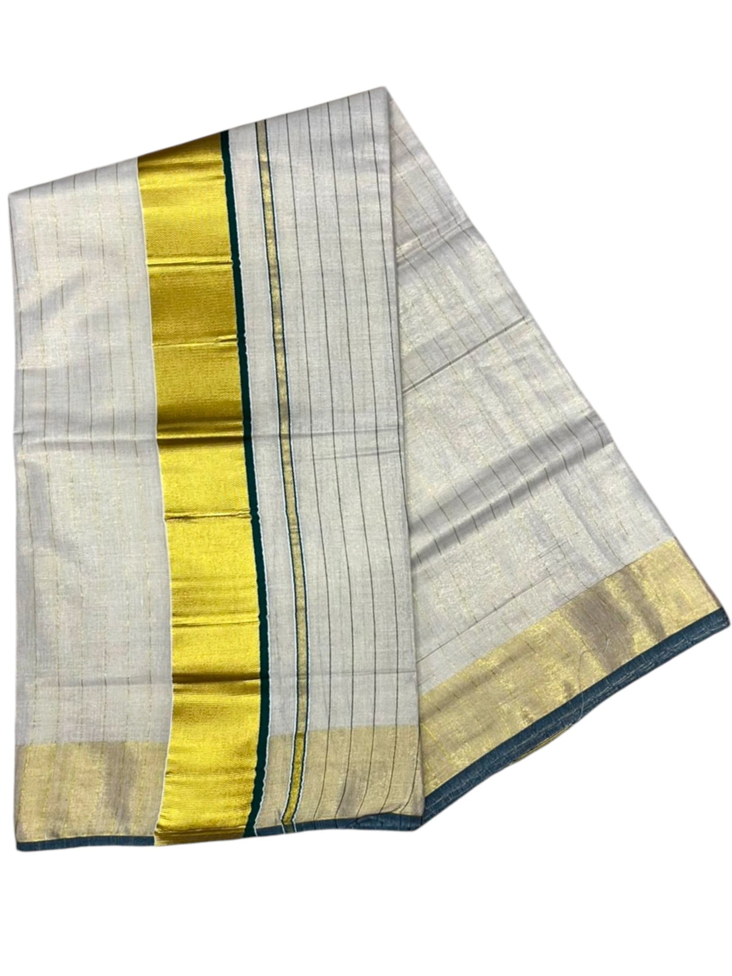Southloom Kerala Tissue Kasavu Saree with Stripes on Body In Green Border