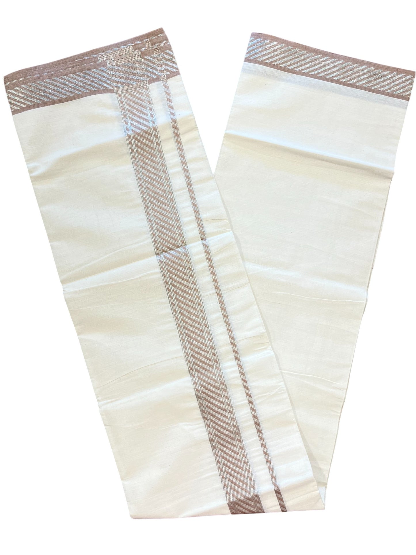 Southloom Off White Cotton Single Mundu with Ksavu and Kara Brown Border (South Indian Dhoti)