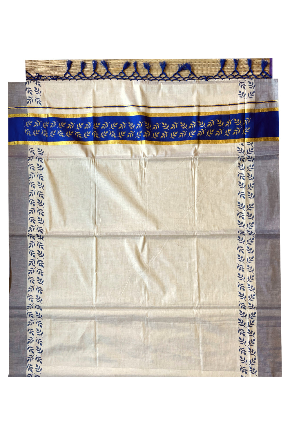 Kerala Tissue Kasavu Saree with Golden and Blue Block Prints on Border and Tassels Works