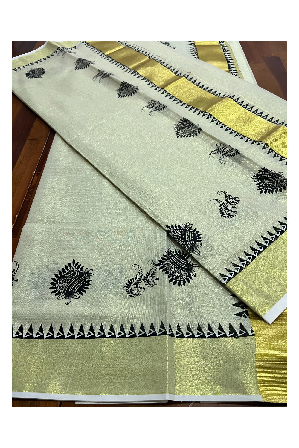 Kerala Tissue Single Set Mundu (Mundum Neriyathum) with Black Block Prints and Temple Border 2.80 Mtrs