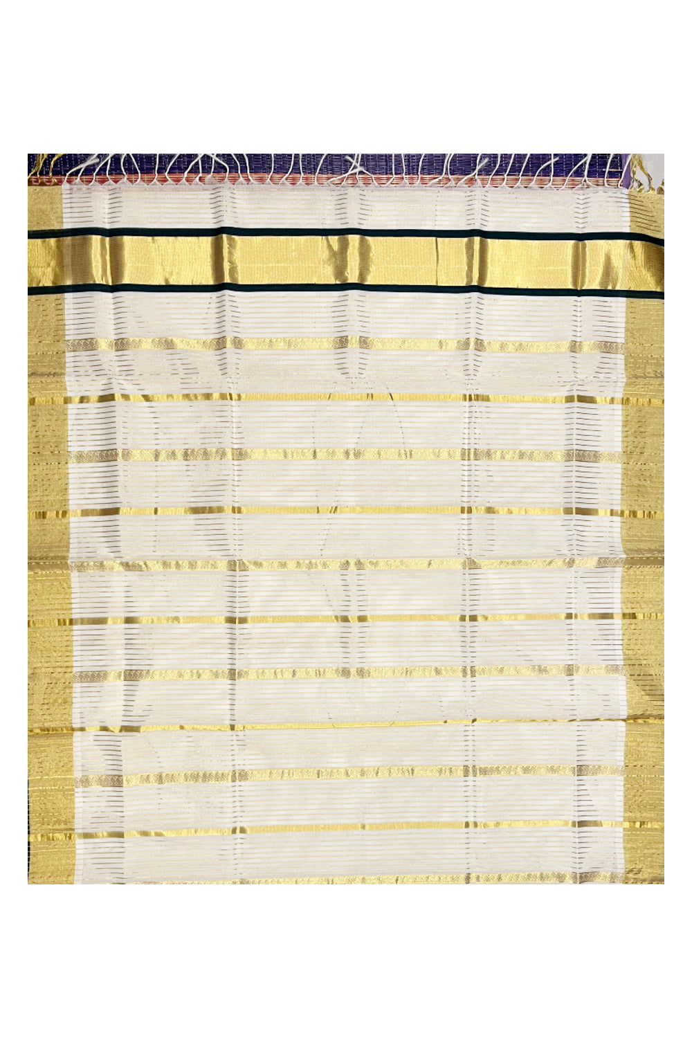 Southloom™ Premium Handloom Cotton Lines Saree with Kasavu and Green Border