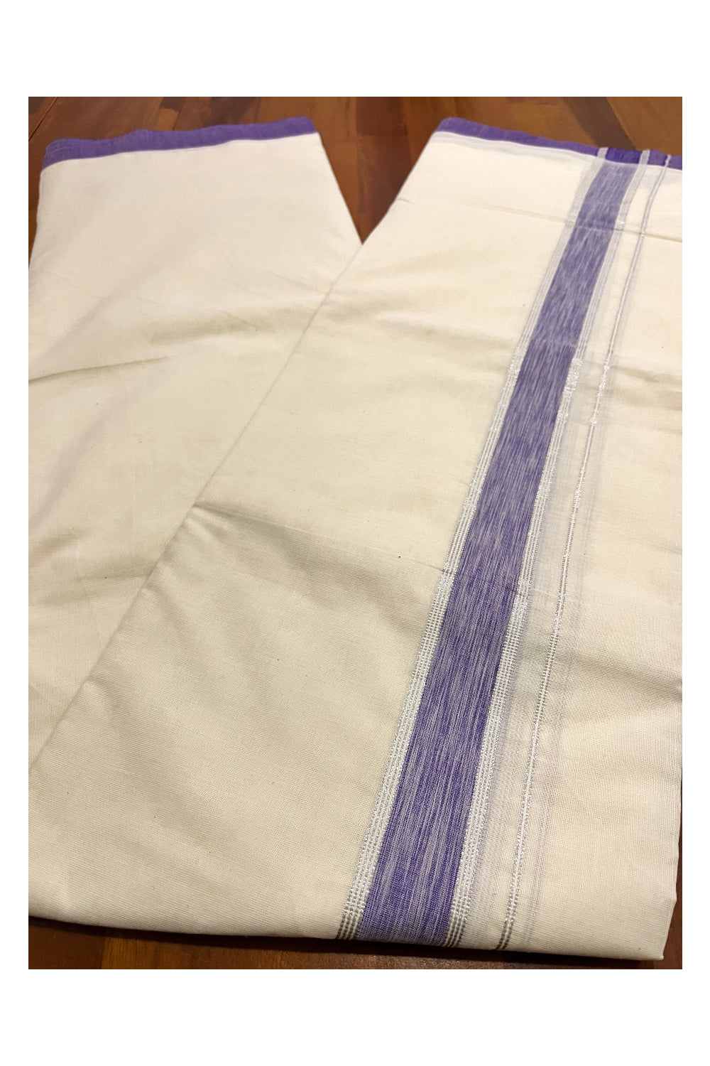 Cotton Double Mundu with Violet and Silver Kasavu Kara (South Indian Kerala Dhoti)