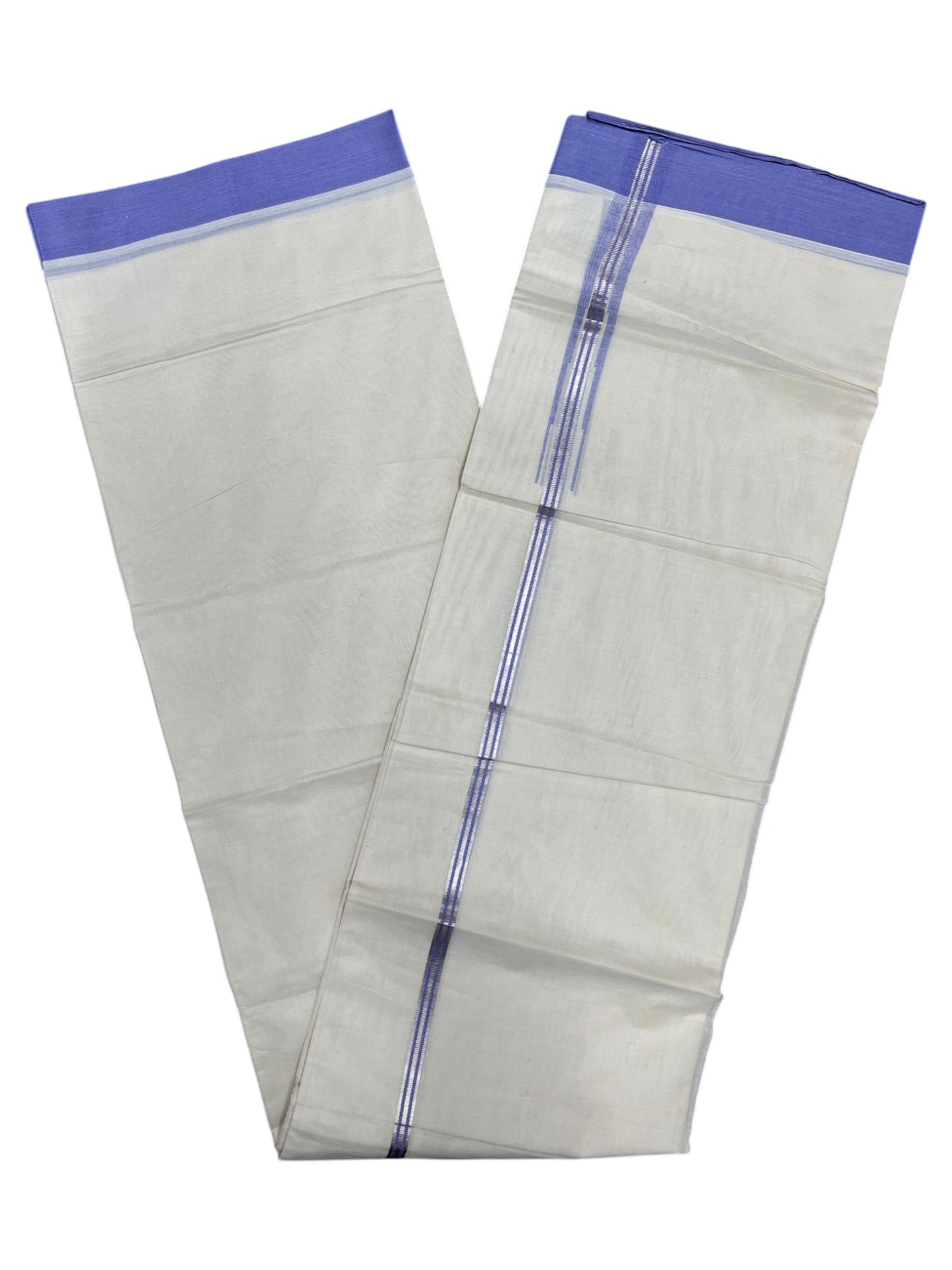 Southloom Pure Cotton Double Mundu with Silver Lines and Lavendar Chuttikara Border (South Indian Kerala Dhoti)