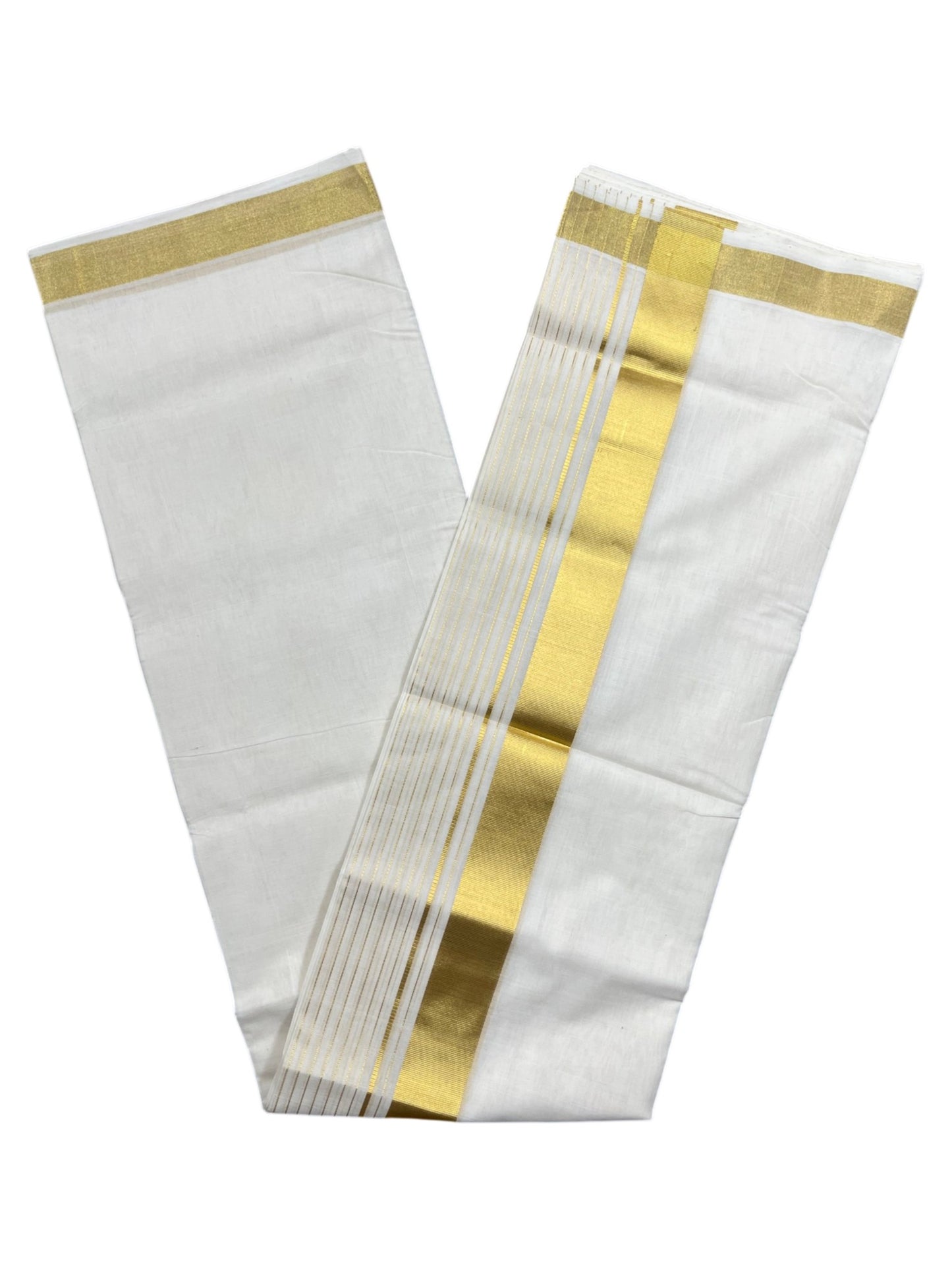 Southloom Premium Handloom Cotton Double Mundu with Gold Kasavu And Gold Lines Border