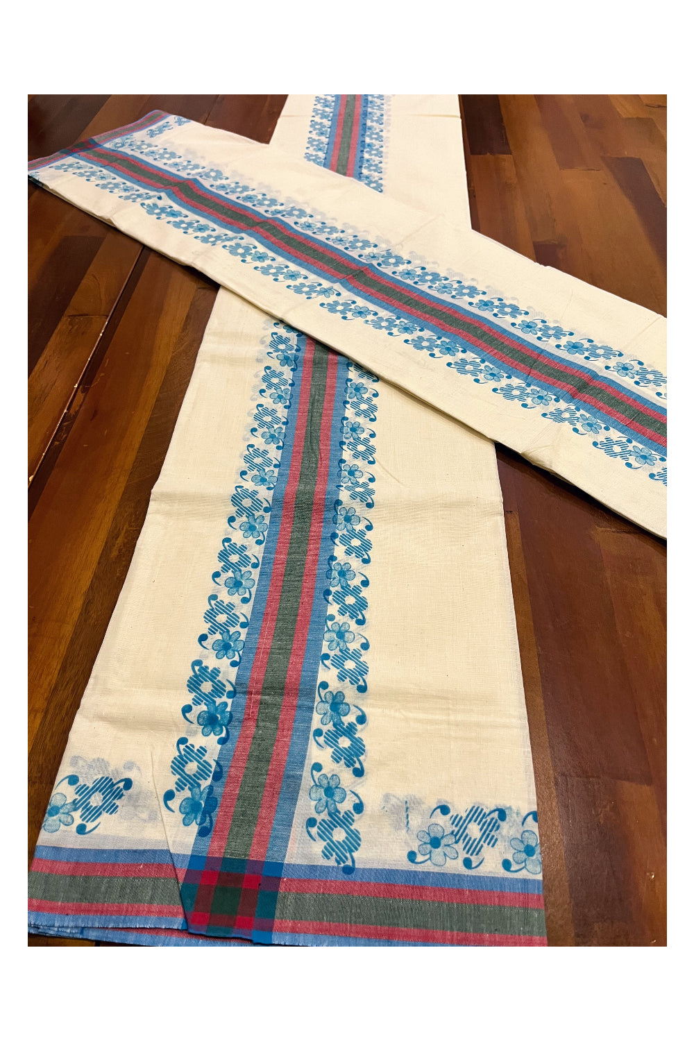 Kerala Pure Cotton Single Set Mundu (Mundum Neriyathum) with Blue Block Prints on Green Red Border