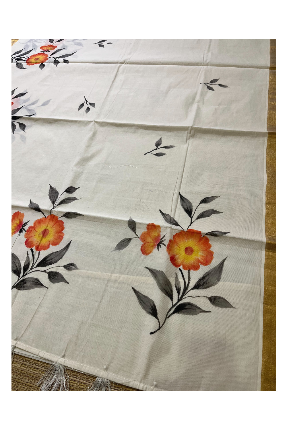 Kerala Cotton Kasavu Saree with Floral Painted Designs